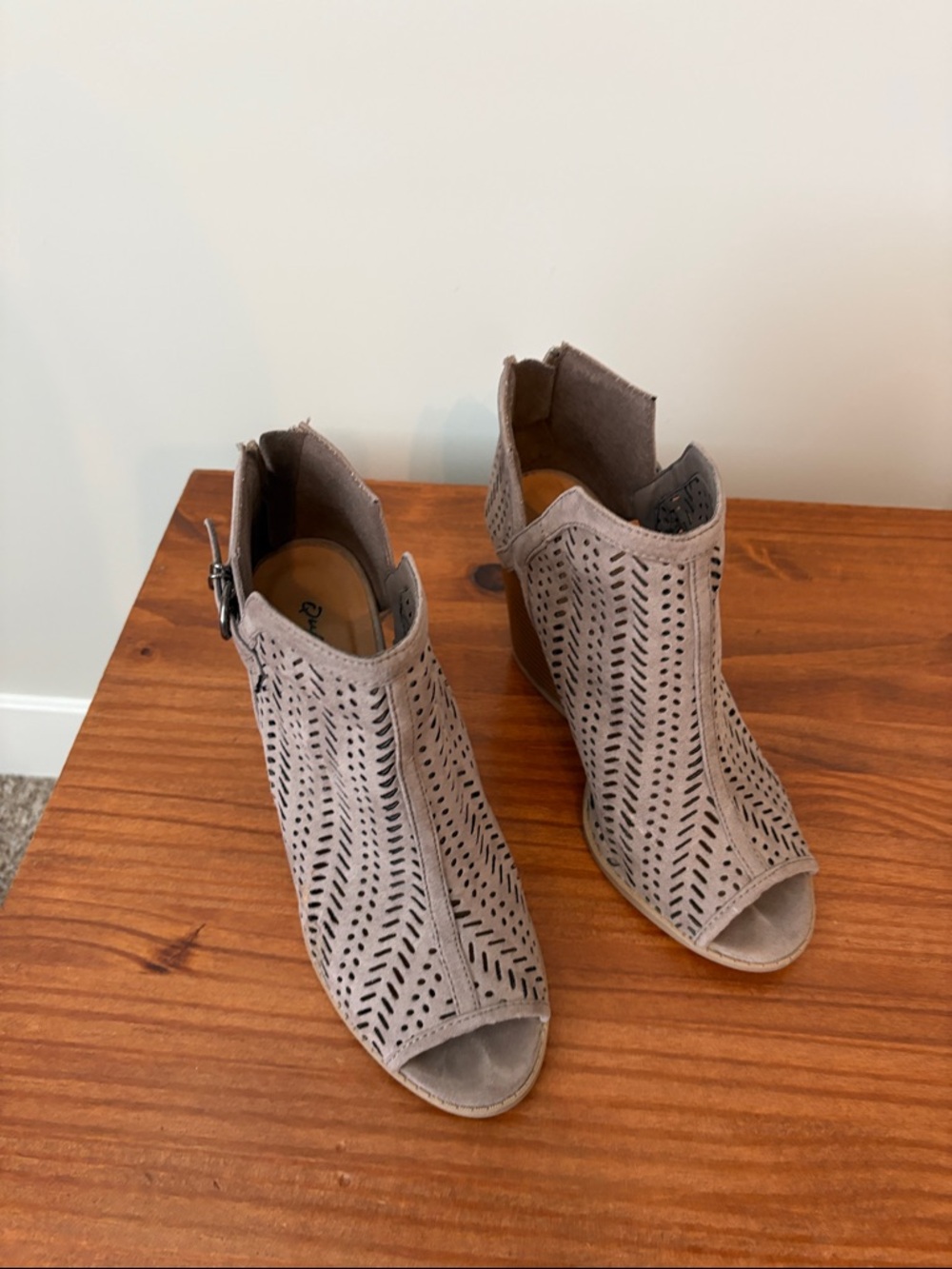 Qupid Taupe Laser-Cut Peep-Toe Ankle Booties